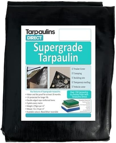Super Grade Tarpaulin 3.0m X 2.5m 270gsm Black/Silver Ultra Heavy Duty Tarp Sheet with Metal Eyelets