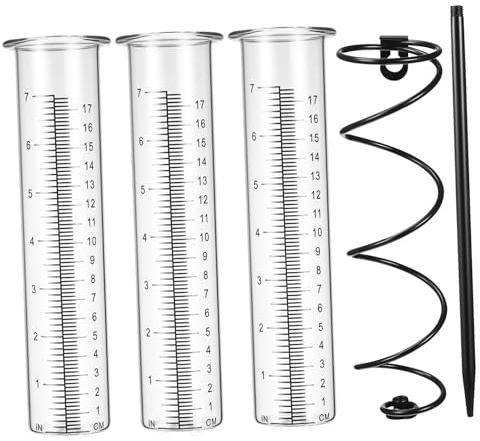 ROMISBABA Pluviomètre en Verre avec Tube De Remplacement 7 Pouces pour Jardin Extérieur, Support en Fer Spiralé, Lecture Double Échelle, Kit 3 Pièces pour Pelouse Et Terrasse