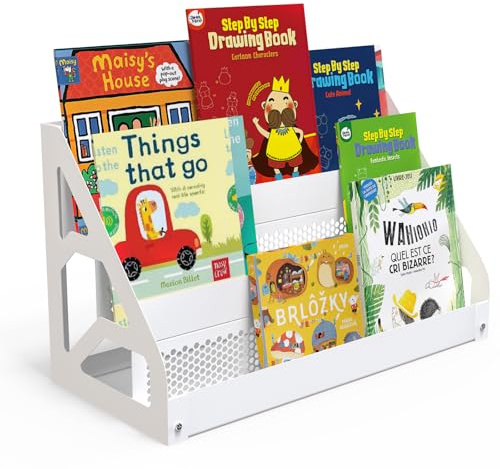 Delixike Metal Kids Bookshelf, 3-Tier Montessori Children's shelf, Small bookcase for Kid’ Room, Playroom or Desktop Organizer,Christmas & Birthday (White)
