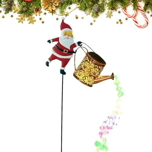 Luci natalizie solari a forma di bollitore Babbo Natale Luci decorative da giardino, annaffiatoio solare in metallo appeso Babbo Natale, lanterna vintage impermeabile da esterno (A)
