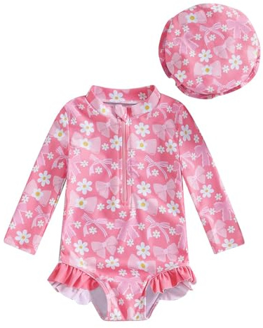 JiAmy - Bañador de bebé para niña con sombrero de sol de manga larga, protección UV, ropa de baño para bebé niña, traje de baño, rosa oscuro, 6-12 meses