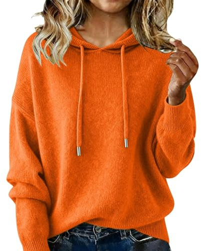 Mysig kashmirtröja för kvinnor, stickad huva, vinter, oversize, lätt med dragsko, apelsin, 3XL
