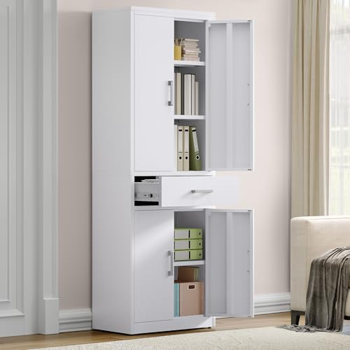 YITAHOME Armoire de classement Verticale avec tiroirs 3 étagères réglables, pour Garage, Bureau, 180 H x 60 W x 34 D, Blanc (sans Panneau arrière Contre Le Mur)