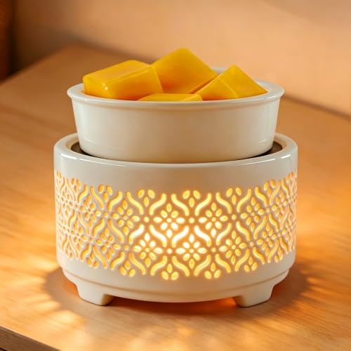 Wax Melt Burner Ceramic 4-in-1 Electric Wax Burner with 7-Color LED Light Candle Warmer Lamp Oil Burner for Scented Wax Candle Jar Home Office Bedroom Aromatherapy Gift& Décor- Floral Pattern