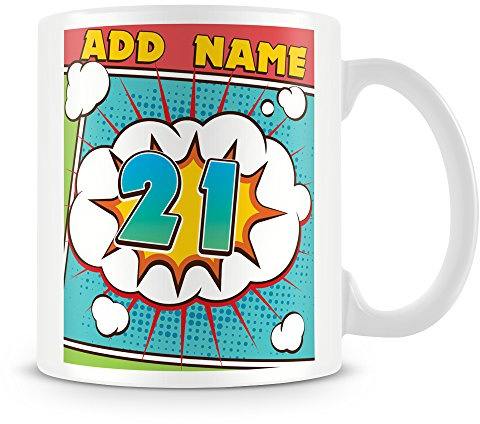 21st Birthday Gift for Men - Personalised Mug/Cup - Add Name - Comic Boom Design - Blue