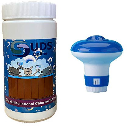 Suds Online 1 kg Multifunction Chlorine Tablets for Pools and Hot Tubs, White, 50 x 20 g with Floating Dispenser