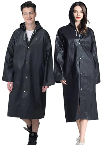 Rain Ponchos, 2 Packs Reusable Ponchos for Adults with Drawstring Hood and Sleeves, Emergency Rain Coat for Theme Park, Hiking, Camping or Traveling (Black)