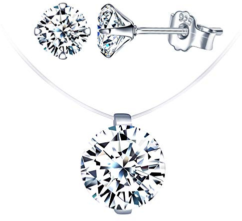 Yumilok Pendientes de Mujer Conjuntos de Joyas de Diamantes, Collar de Gargantilla con Hilo de Pescar Invisible, Gargantilla para Mujer, Pendientes de Diamantes, en Plata 925
