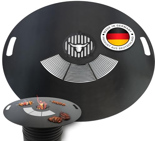 Feuerplatte mit Grillrost 80cm INKL. Grilleinsatz – 6mm Stärke – Grillplatte für Feuertonne & Feuerschale – Plancha Grillring für BBQ & Teppanyaki – Massive Stahlplatte für perfektes Grillen - #252