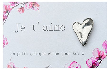 Porte-Bonheur Coeur, Je t'aime, Petit Coeur sur Carte, Fabrication Artisanale Française, en Etain, par Les Etains de Jumilhac