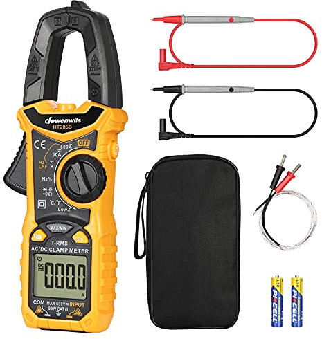 DEWENWILS Stromzange, 6000 Counts Strommesszange 600A AC/DC, Amperezange True RMS CAT III 600 V Auto-Ranging NCV, für AC/DC Spannung/Strom/Widerstand/Kapazitanz/Temperatur Messung