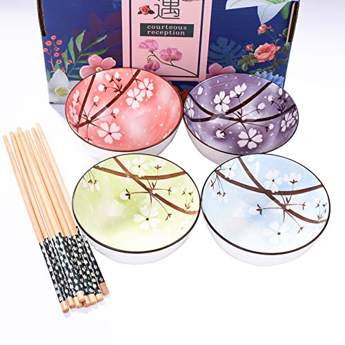 BOSILI Japanische Reisschalen und Essstäbchen, Set mit 4 Stück, mit zarter Box, Keramik-Sushi-Schüssel für Dessert, Snacks, Müsli und Suppe, in vier Farben erhältlich