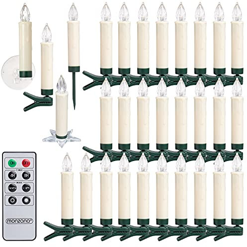 Monzana® 30x LED Christmas Candles Tree Fairy Lights | Wireless, Timer, Remote Control | Battery Powered | Simple Clip-On | 5 Settings Including Flicker, Dimmable | Warm White