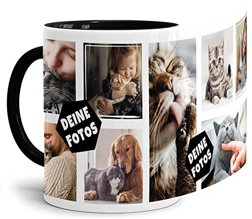 Foto-Tasse zum selbst gestalten mit Foto-Collage für 8 Wunschfotos - Geschenk für Familie, Freunde, Geburtstag, Weihnachten - Keramik Innen & Henkel Schwarz, 300 ml I Personalisiert