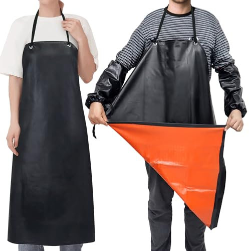Baanfly Upgraded 43 Waterproof Leather Apron with 2 Sleeves Set Heavy Duty Work Apron Chemical Acid Stain Oil Resistance Industrial Workshop Labor Working Rubber Worksafe Clothes for Kitchen Butcher