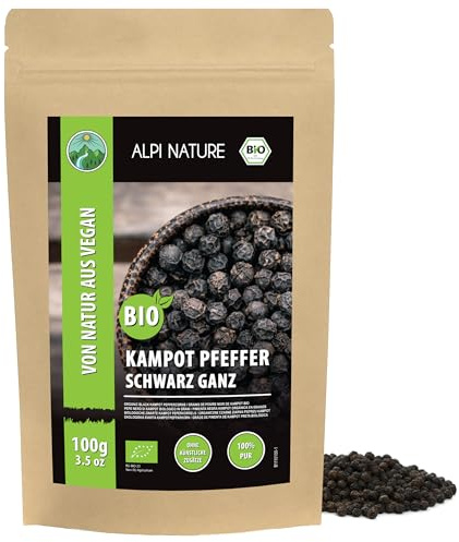 Alpi Nature Kampot Peppar Svart BIO 100g, Ekologisk Hela Pepparkorn, Kampot Svarta Pepparkorn