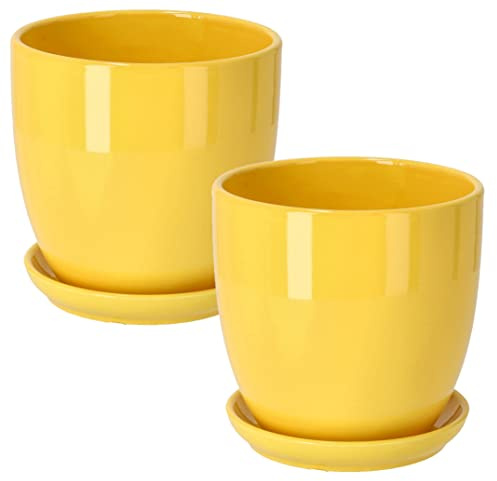 KOTARBAU® Blomkrukor i set om 2 keramiska blomkrukor för blommor och växter, Ø 17 cm, med droppbricka, gul