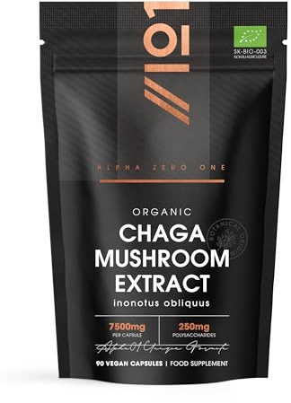 Organic Chaga Mushroom Capsules 7500mg – 50% Polysaccharides (250mg) - 90 Vegan Capsules (3 Months Supply) Resealable and Recyclable Pouch - By Alpha01