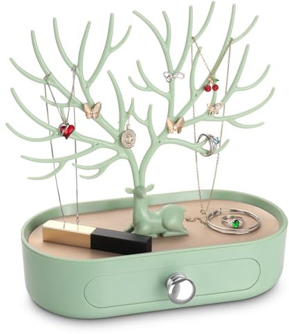 penobon Geweih Schmuckständer mit Schublade, Schmuckbaum für Ohrringe, Halsketten, Armbänder und Ringe, Kunststoff, Versilberter Griff