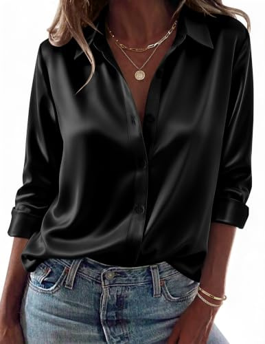 ZEAGOO Blusa de Satén para Mujer Camisa Elegante de Manga Larga con Cuello en V Blusas Básicas con Botones Ropa para Oficina Fiesta y Diario