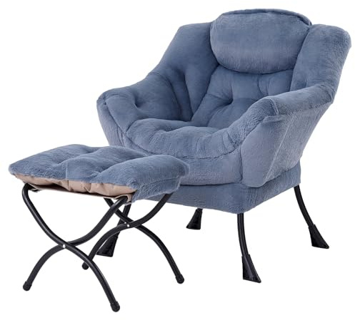 Welnow Lazy Chair mit Ottoman - Moderner Lounge-Akzentstuhl mit Armlehnen und Seitentasche - Lese- und Eckstuhl für kleine Räume