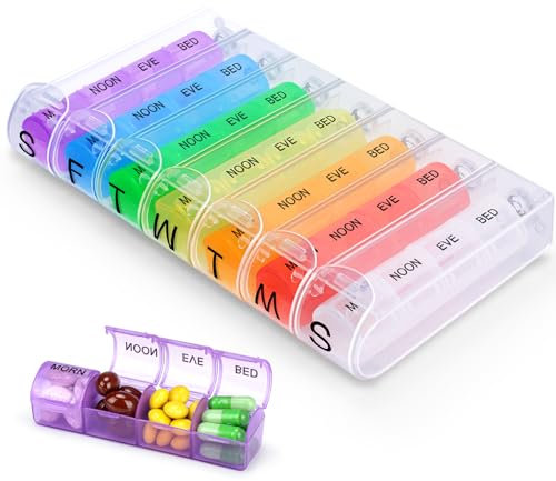 Alyvisun Tablettenbox 7 Tage 4 Fächer, Pillendose Morgens Mittags Abends vor dem Schlafengehen, Wochen Medikamentenbox Klein Pillenbox Tabletten Organizer Abnehmbar Tablettendose für Reisen Unterwegs