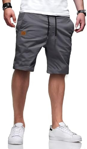 Tansozer Korta Byxor Herr Sommar Chino Bomull Shorts för Män Lätta Bermudashorts Casual Modeshorts Elastisk Midja Dragsko Fritid Korta Byxor för Herr med Fickor Grå M