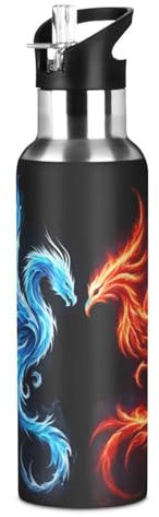 Phoenix Dragon Water Bottle Kids Insulated Boys Girls Stainless Steel Hot Cold Water Flask with Straw Lid for Sports Gym 20 oz