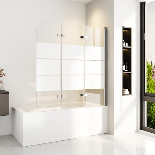 Duschwand für Badewanne mit Gestreift 120x140cm Silber Faltbar Badewannenaufsatz 3-teilig Duschabtrennung Badewanne Faltwand Duschtrennwand aus 6mm Gehärtetem Glas mit Nanobeschichtung