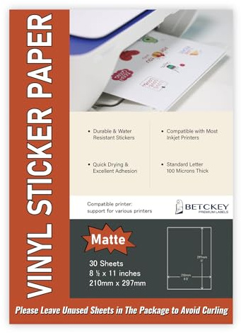 Lot de 30 feuilles de papier autocollant A4, imprimable non étanche en vinyle mat pour imprimantes à jet d'encre et laser, 210mm x 297mm