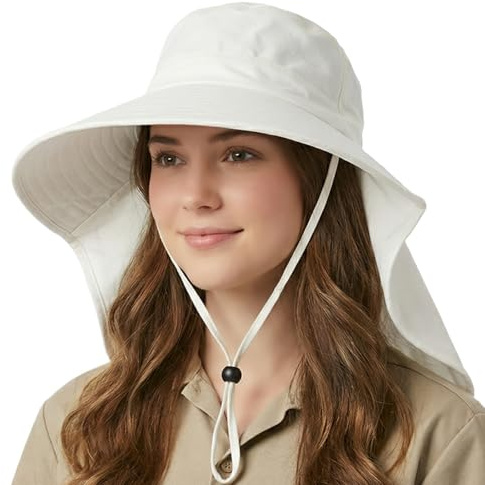 BUDUBI Solhatt dam hästsvans, sommar brett brätte solskydd med nackskydd UV-skydd utomhus vandringshatt fiskarhatt fiskarhatt 54–59 cm, Beige vit, 54/59 cm