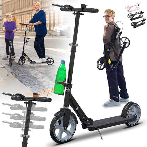 Bueuwe Cityroller Scooter 230 mm Räder PU Big Wheel, City Roller Kinder, Cityroller Tretroller Erwachsene 150 kg Tragkraft, mit Bremsen und Stoßdämpfern,klappbar und Höhenverstellbar,Grau