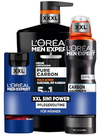 L'Oréal Men Expert 5in1 Power Pflegeset für Männer, Mit XXXL Duschgel, XXL Gesichtscreme und XXL Deospray, Set für Herren mit Hyaluron und Karbon, Power Age, Pure Carbon, 3-teilig