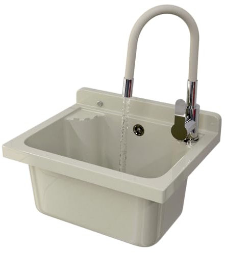 Set Lavandino + Sifone + Rubinetto - Lavatoio da Esterno 42x 34x24 cm - Lavandino esterno per lavanderia, garage, giardino - Lavabo Resistente agli acidi e alle sostanze chimiche - Beige - Granitan