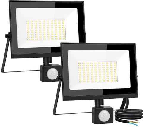 Aigostar 50W Motion Sensor Flood Light Outdoor, PIR Security Lights 4500LM, IP65 Waterproof Floodlight with Sensor, LED floodlights 6500K Black Flood Lights for Wall, Garden, Patio Pack of 2