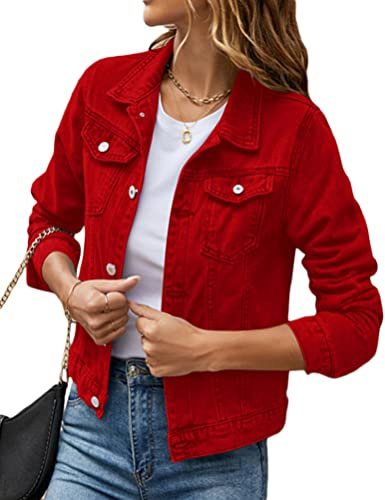 seiveini Chaqueta de Mezclilla Mujer Abrigo de Vaquera Otoño e Invierno Outwear Manga Larga Demin Coat Solapa Jacket Sportswear B Rojo XL