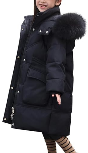 Runstarshow Girls' Winter Coat Kids' Down Jacket Long Hooded Puffer Jacket Fluffy Faux Fur Collar Girls' Waterproof Ski Jacket Snowsuit School Coats Warm Parka Winter Clothes for 5-13 Years