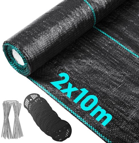 Vegamall 2mx10m Telo Pacciamatura 80g/m² Telo Anti Erbacce per Giardino e Orto con 40 Picchetti, 40 Dischi Tamponi, Telo per Pacciamatura Permeabile all'Acqua Telo Pacciamatura Drenante