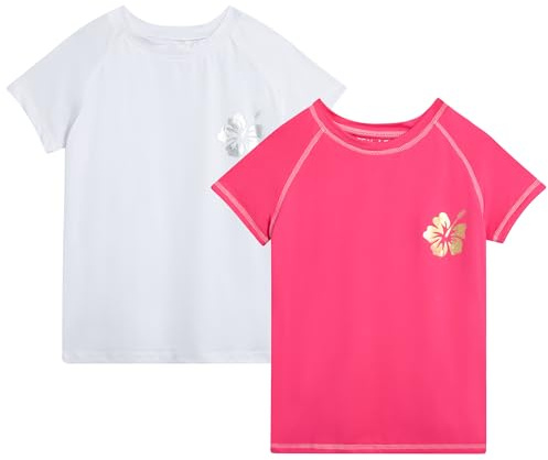 Real Love Toddler Girls Rash Guard - 2 Pack Quick Dry Sun Protection Swim Shirt Girls Short Sleeve Rash Guard Kids (2T-16), Size 10-12, White/Fuchsia