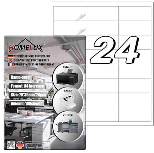 Etiketten selbstklebend Homelux Adressaufkleber 100 Blatt,24 pro A4 (70 x 35 mm), bedruckbar, matt, blanko Papier Adressaufkleber Etiketten, weiß