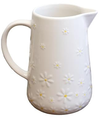 White Daisy Jug 1.2L Ceramic Embossed Flower Table Display Vase/Serving Pitcher