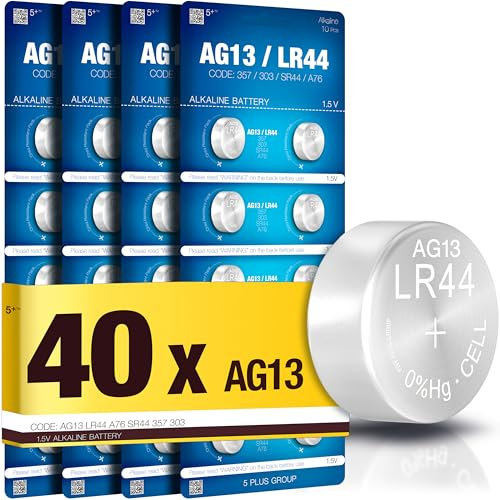 5Plus LR44 1.5V Button Cell Batteries 40-Pack AG13, A76, 357, SR44, L1154, G13, LR1154, RW82 Compatible Long-Lasting Power for Watches, Toys, Calculators, Hearing Aids, Key Fobs, Glucometers & More