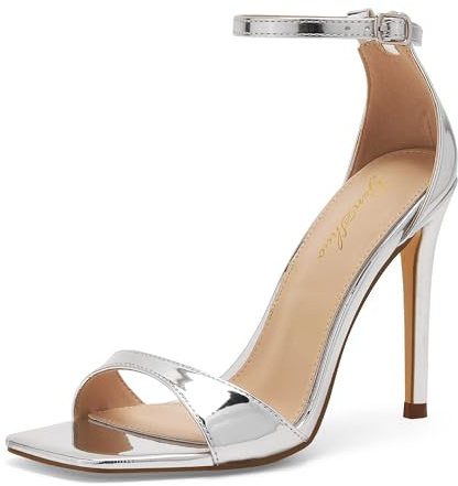 GENSHUO Scarpe col tacco alto da donna, un cinturino, punta aperta, stiletto da 10 cm, eleganti per feste di matrimonio, Vernice argento, 38 EU