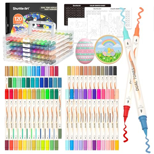 Shuttle Art 120 Colours Acrylic Paint Pens, 60 Pcs Dual Colours Acrylic Markers, Dual Tip Colouring Pens, Paint Markers for Rock Painting, Ceramic, Wood, Canvas, Glass, Stone, Fabric