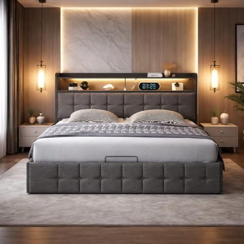 QMTXBYJ Polsterbett Doppelbett 140x200 cm, Hydraulisches Bett 140x200 mit Bettkasten und Lattenrost, Staufach-Kopfteil mit LED und USB Ladestation, Funktionsbett Rückenlehne Bett, Leinen