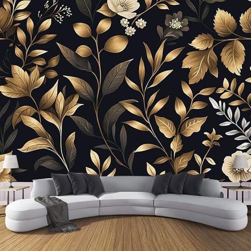 Fototapete Kunst Tapete, Fototapeten 250x175cm (B×H) für Wohnzimmer Schlafzimmer Flur Seidenstoff Tapete Gold Bronze Wandtapete, Blattgold Blumen Pflanzen Wand Fototapete Motivtapeten