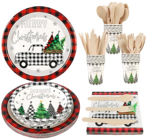 Kalolary Juego de Vajilla Desechable de Navidad 168 Piezas–24 Juegos con Platos de 9 y 7, Vasos de 9oz y Servilletas, Cuchillo, tenedor y cuchara–Decoración de Fiesta Navideña