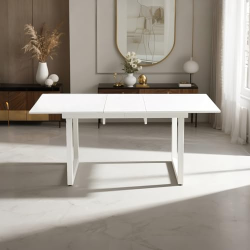 VICBARLEY Extendable Dining Table for 4-8 People,70.86''Modern Space-Saving Kitchen Table with Metal Legs,Rectangle Folding Conference Meeting Table for Living Meeting Room Kitchen,White