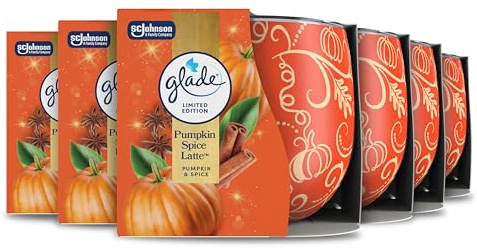 Glade Scented Candle Sleeved, Infused with Essential Oils, Made Without Palm Oil, Up to 25 Hour Burn Time, Limited Edition Christmas Candle, Pumpkin Spice Latte, Pack of 6 (6X 108g)