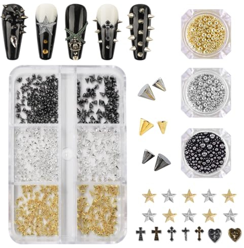 CHarmeFleur Mini Goth Stilo per Arte Unghie 3D Miscele Dimensioni Oro Nero Argento Punta Cono Unghia Lega Borchie Gioielli Sfere Acciaio Gemme per Donna Manicure Punk